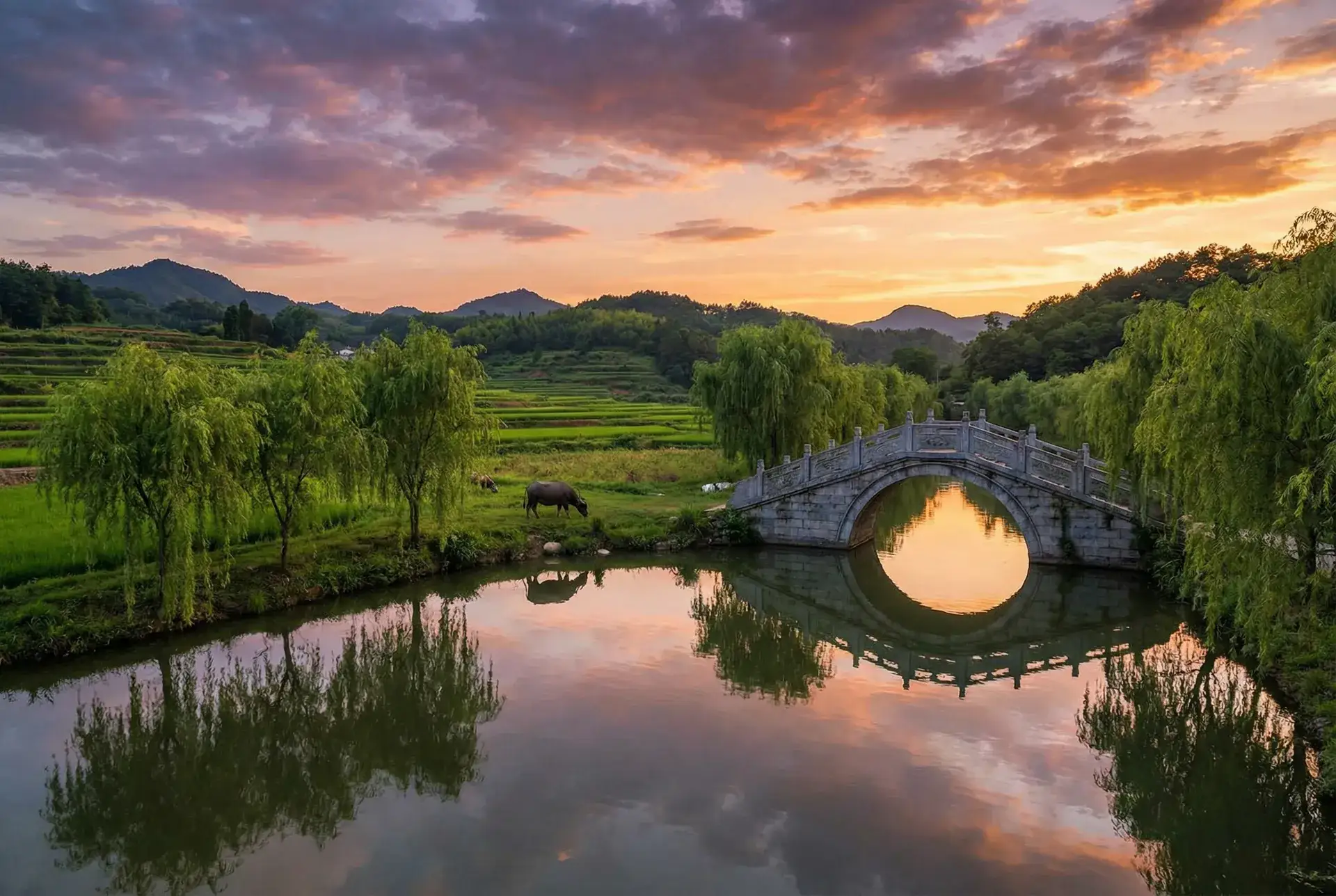夕阳下的石拱桥与垂柳，水牛在河边吃草 - 梦幻西游教师节答题 乡村美景